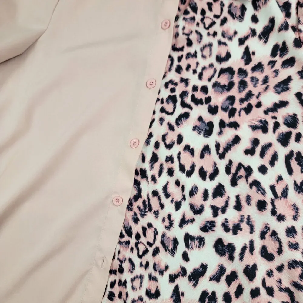 SHEIN Pink/Black Leopard Print Button Down Long Shirt XL Belted Long Sleeve - Picture 4 of 8